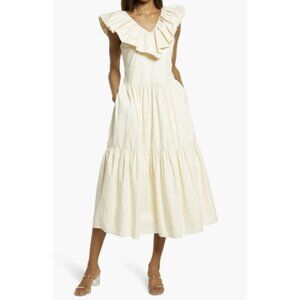 English Factory Cream Midi Dress with Ruffle Neckline
